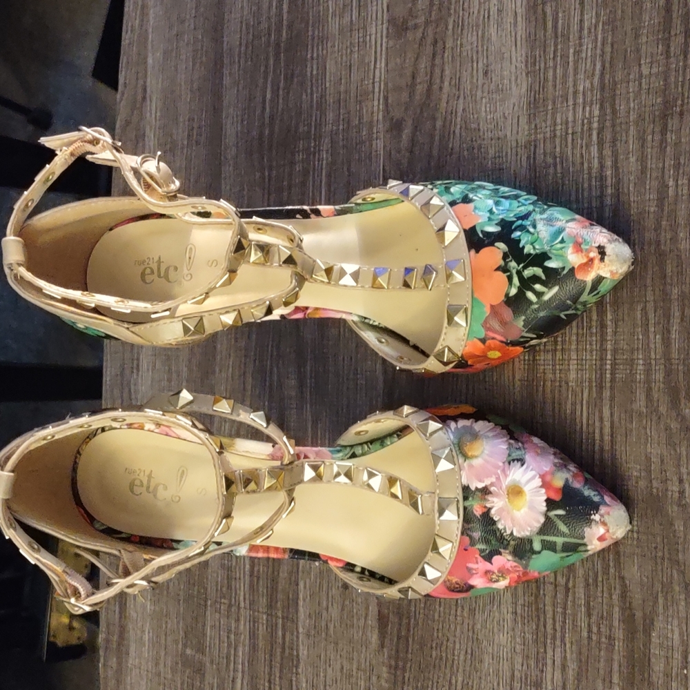 Floral Studded Heels with Buckle Ankle Straps, Size 7